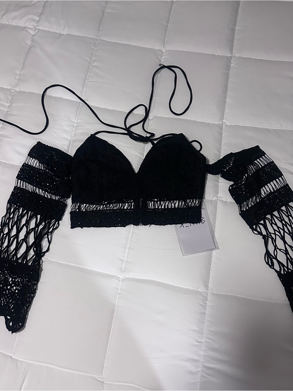 Rehab Black Crochet Off-Shoulder Halter Crop Top with Fringe Sleeves